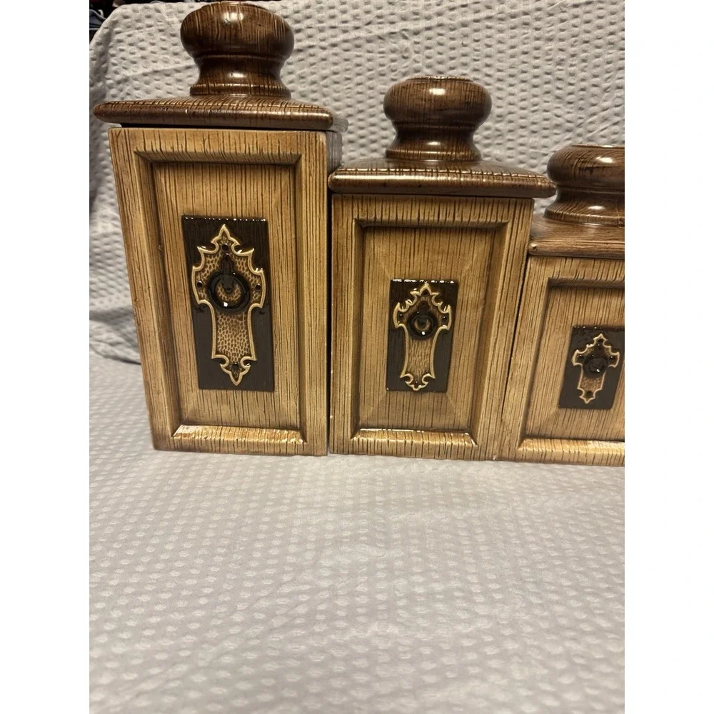 Vintage Ceramic Faux Wood Canister Set Colonial‎ Style Set Of 4 RARE